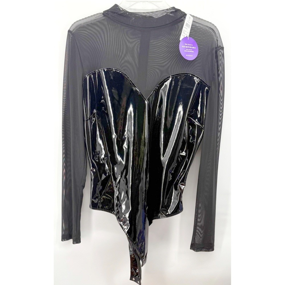 Windsor Bodysuit Womens XL Black Faux Patent Leather Body Sheer Teen Bustier